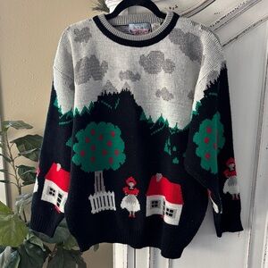 Vintage 80s Black Multicolor Novelty Folk Art Knit Sweater Size Large